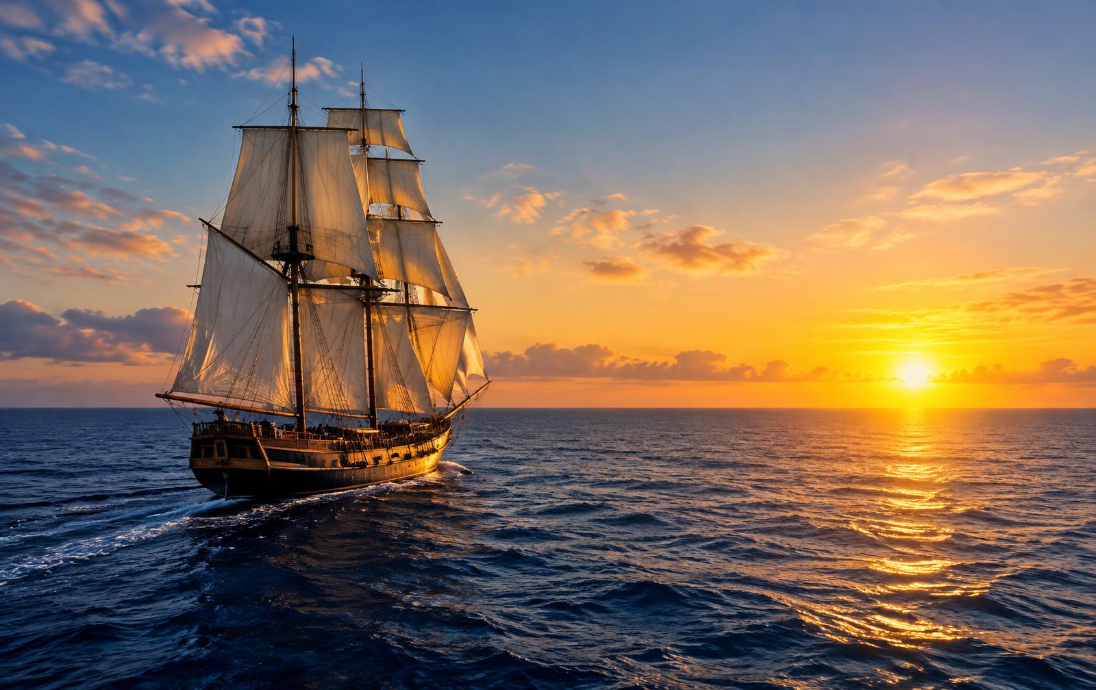 A sailing ship heading out on open water at dawn
